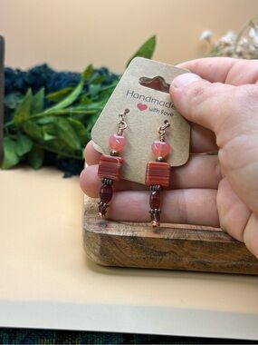 Artisan Glass and Rose Color Beaded Dangle Earrings
